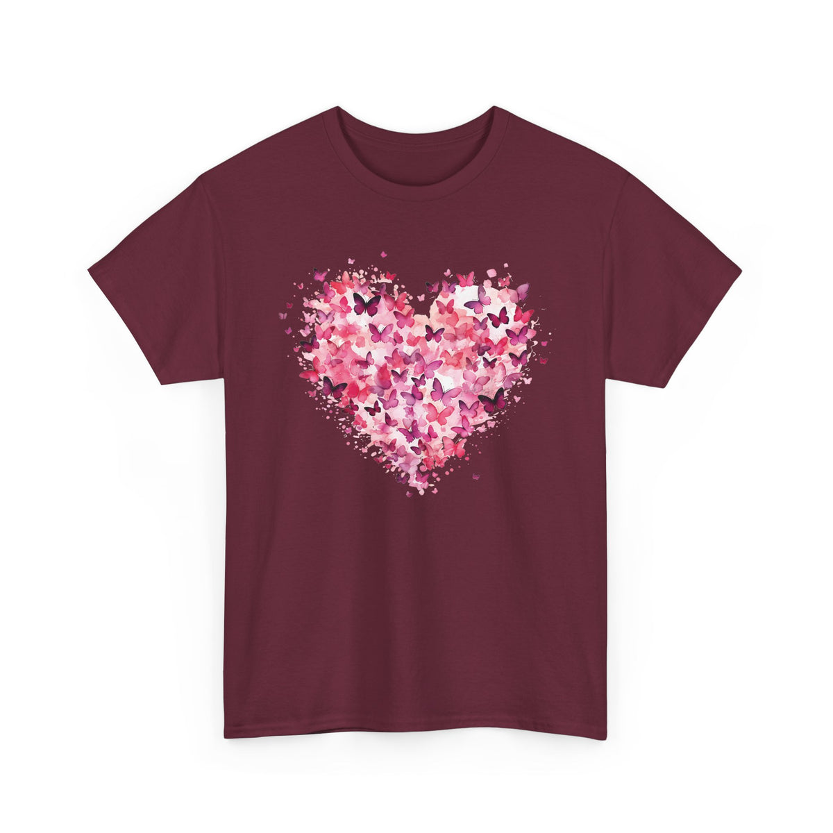 Maroon pink butterfly heart t-shirt with watercolour butterflies, front view