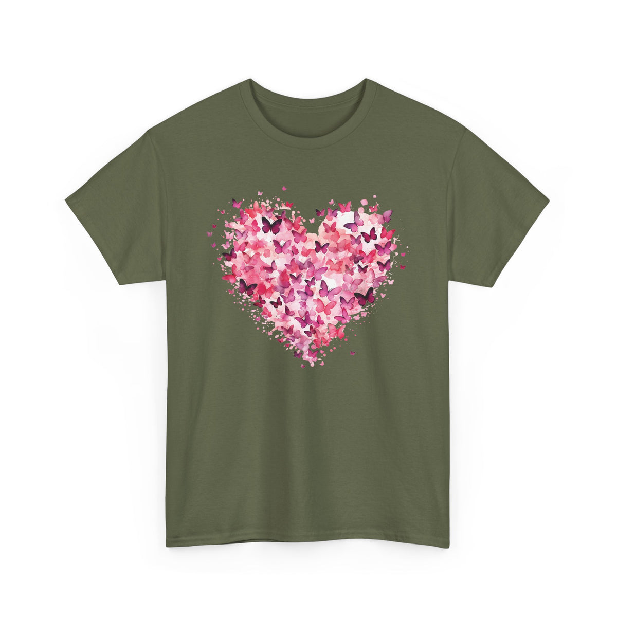 Military Green pink butterfly heart t-shirt with watercolour butterflies, front view
