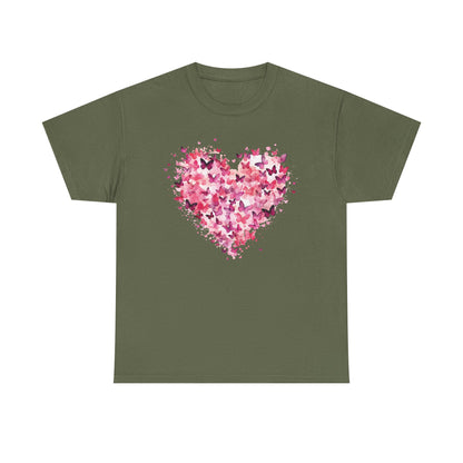 Military green butterfly heart t-shirt with watercolour butterflies forming a heart