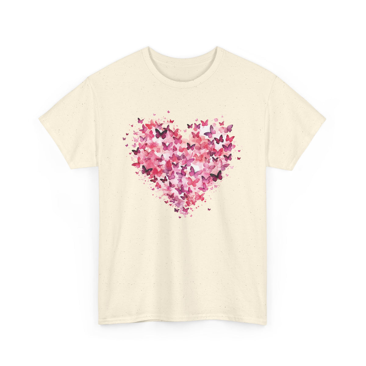 Natural pink butterfly heart t-shirt with watercolour butterflies, front view