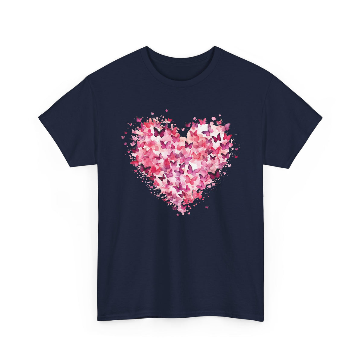Navy pink butterfly heart t-shirt with watercolour butterflies, front view