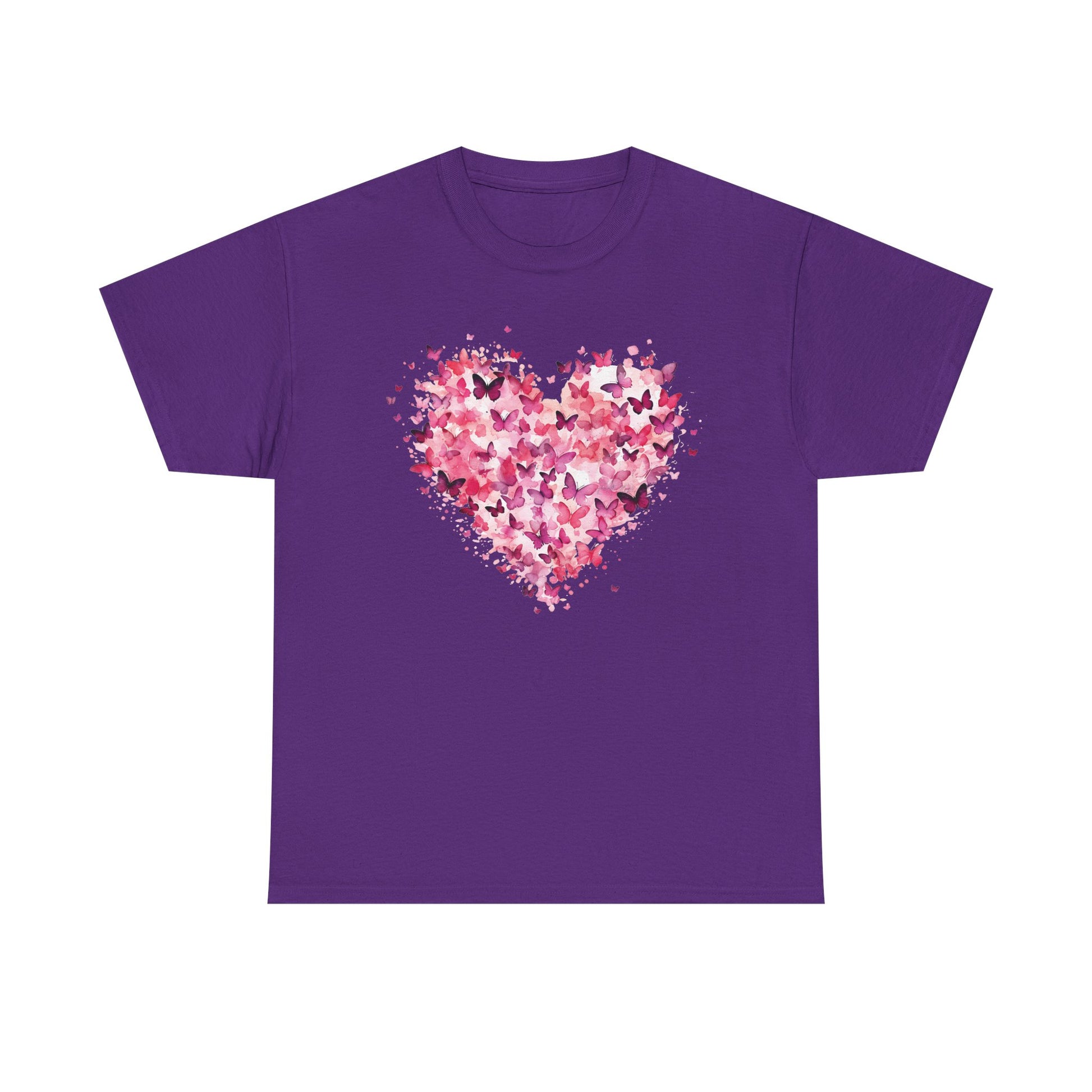 Purple butterfly heart t-shirt with watercolour butterflies forming a heart