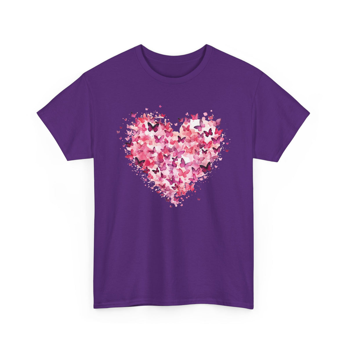 Purple pink butterfly heart t-shirt with watercolour butterflies, front view
