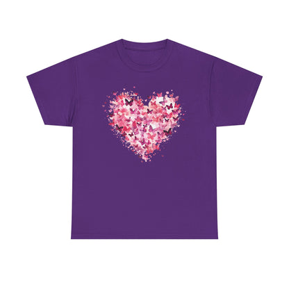Purple butterfly heart t-shirt with watercolour butterflies forming a heart