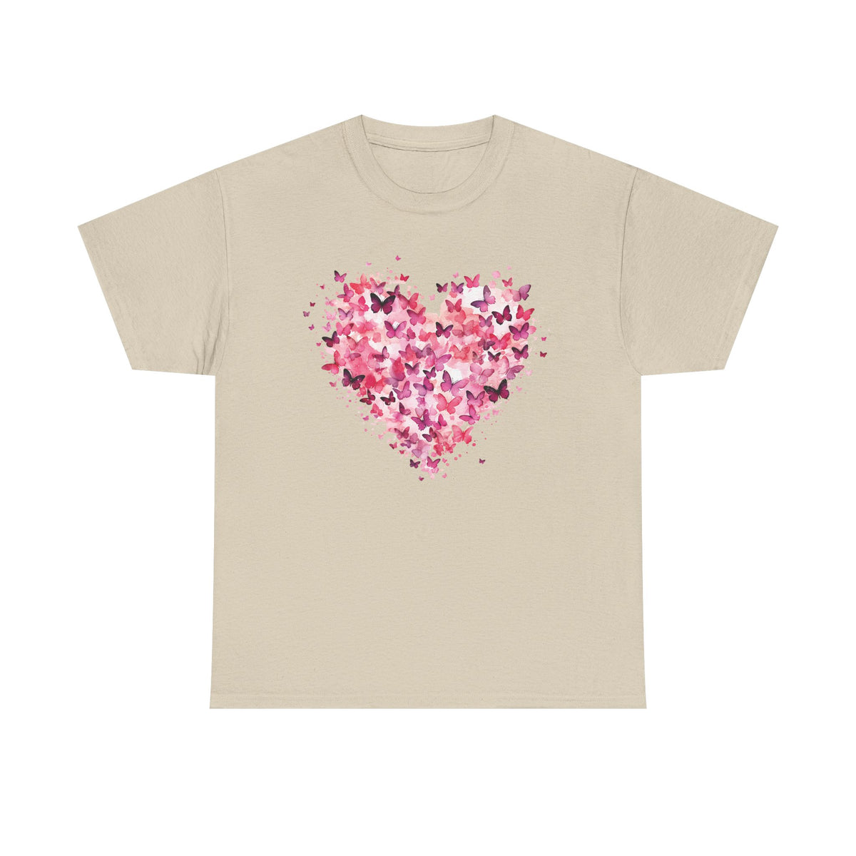 Sand butterfly heart t-shirt with watercolour butterflies forming a heart