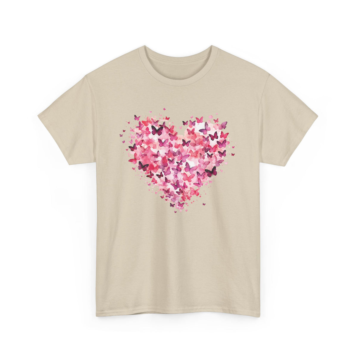Sand pink butterfly heart t-shirt with watercolour butterflies, front view