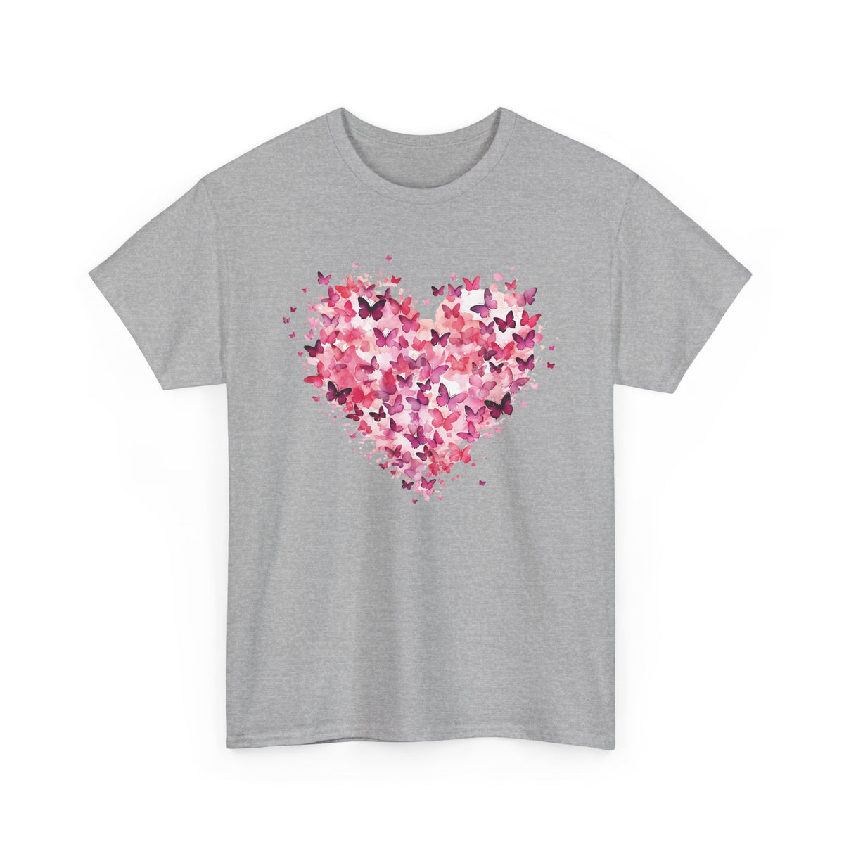 Sport Grey pink butterfly heart t-shirt with watercolour butterflies, front view