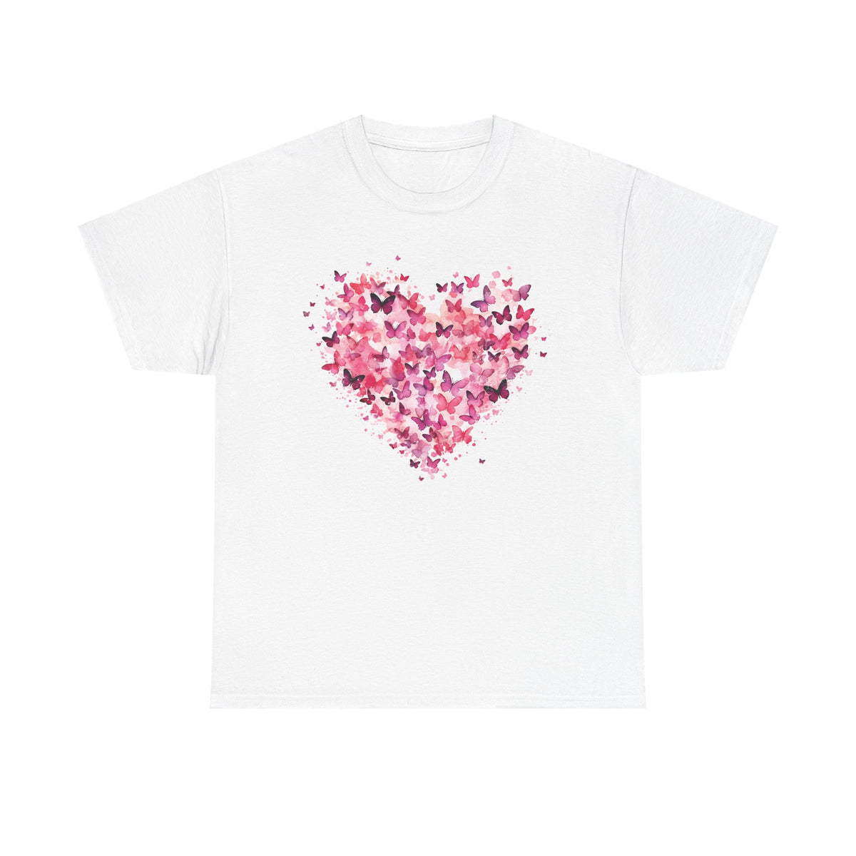 White butterfly heart t-shirt with watercolour butterflies forming a heart