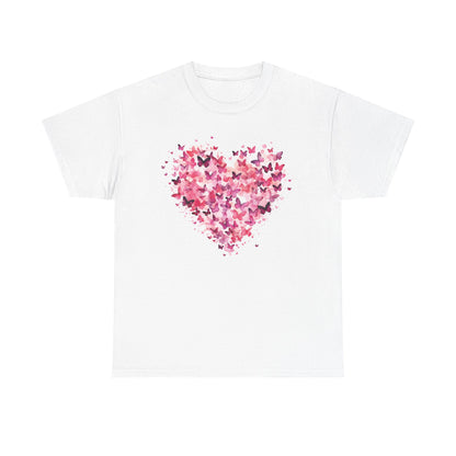 White butterfly heart t-shirt with watercolour butterflies forming a heart