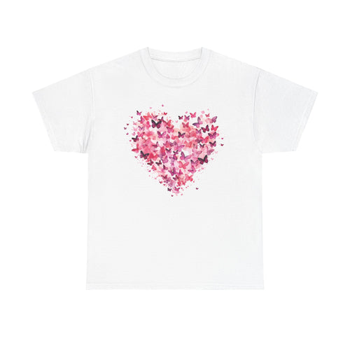 White butterfly heart t-shirt with watercolour butterflies forming a heart