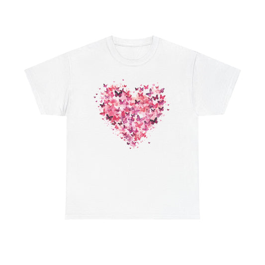 White butterfly heart t-shirt with watercolour butterflies forming a heart