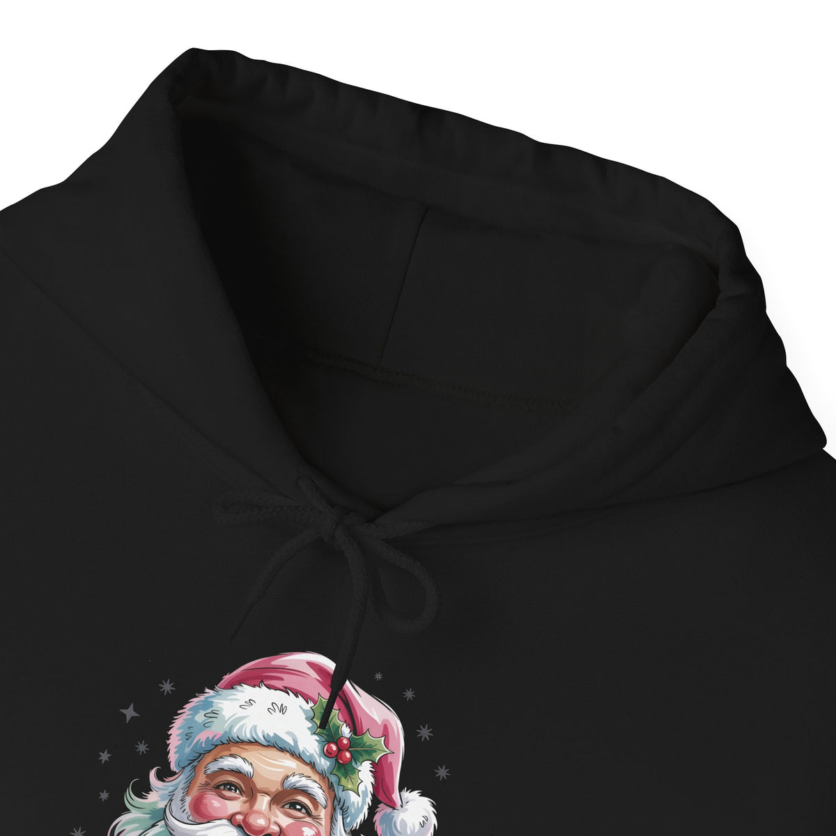 Pink Retro Christmas Santa Hoodie, front collar close-up