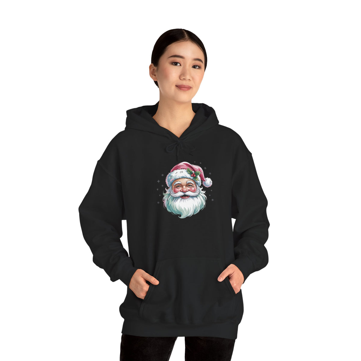 Model wearing the black Pink Retro Christmas Santa Hoodie
