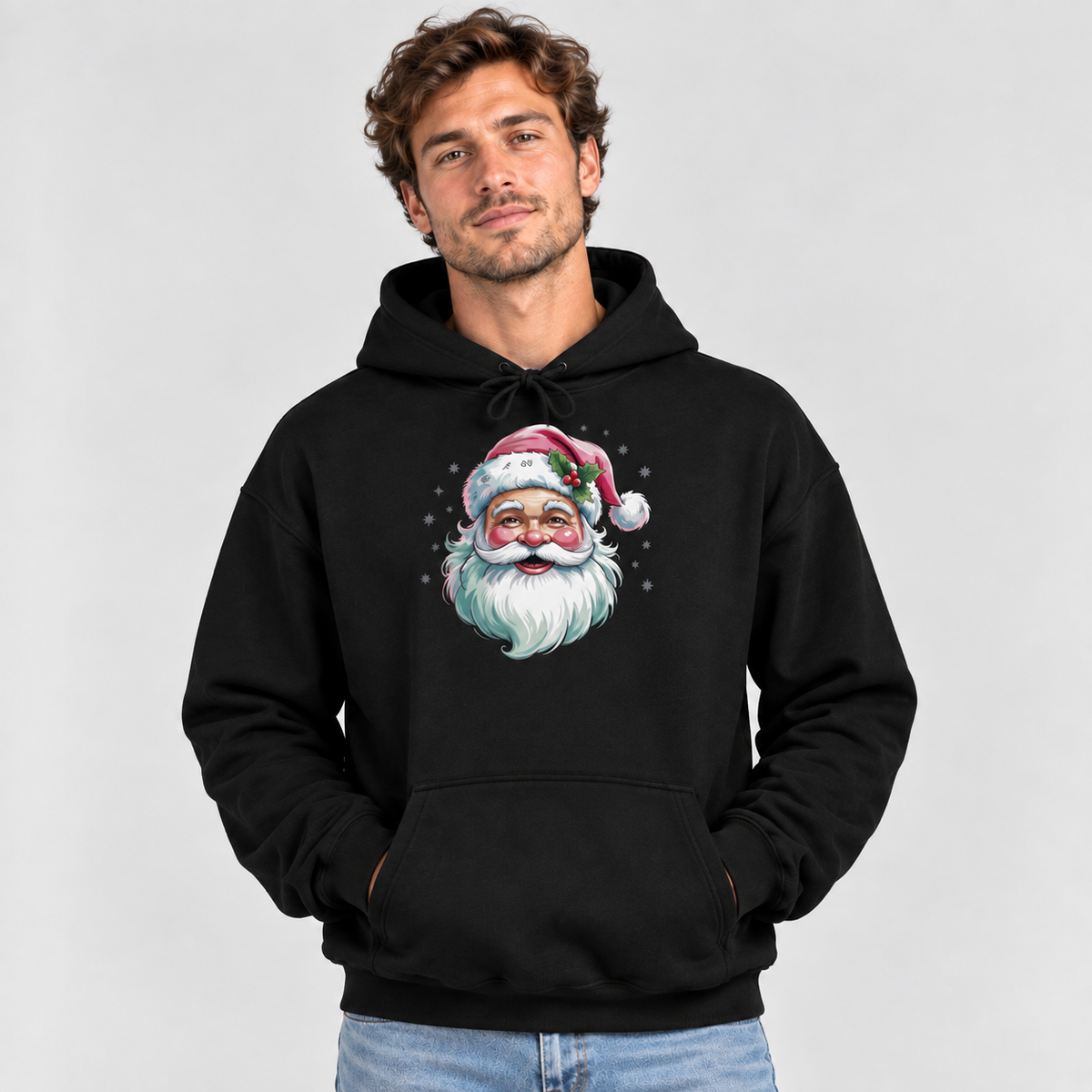 Man wearing the black Pink Retro Christmas Santa Hoodie with jeans
