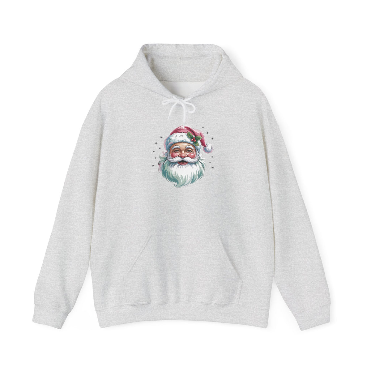 Ash Pink Retro Christmas Santa hoodie with a watercolor Santa face in a pink hat, front view
