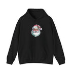 Black Pink Retro Christmas Santa hoodie with a watercolor Santa face in a pink hat, front view