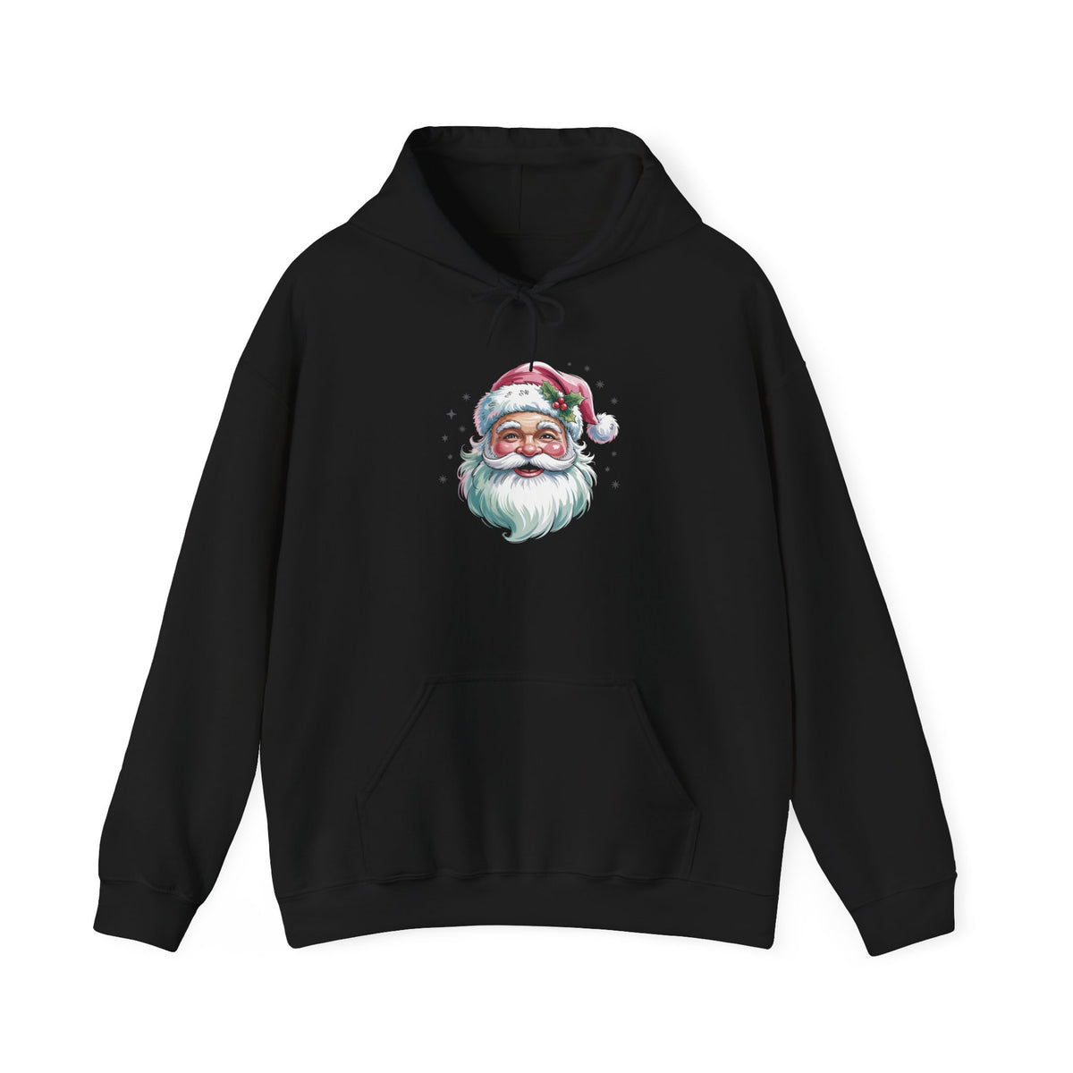Black Pink Retro Christmas Santa hoodie with a watercolor Santa face in a pink hat, front view