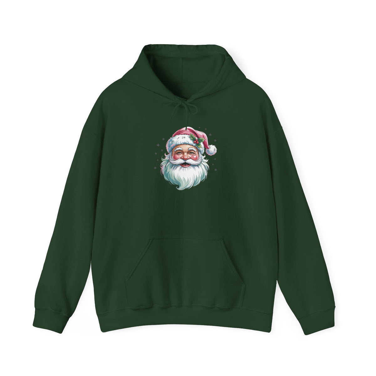 Forest Green Pink Retro Christmas Santa hoodie with a watercolor Santa face in a pink hat, front view