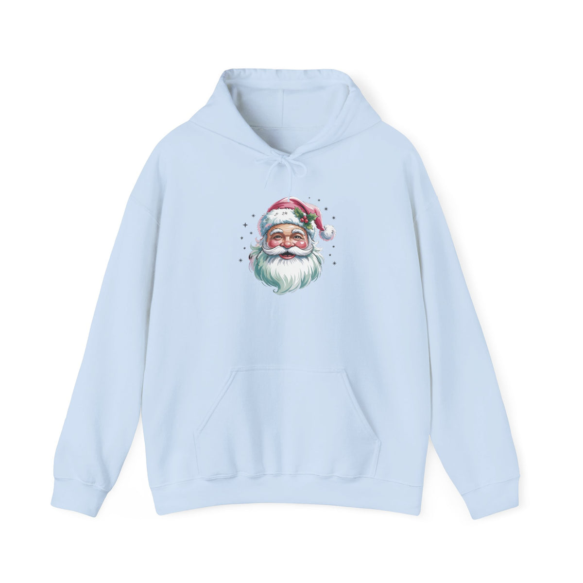 Light Blue Pink Retro Christmas Santa hoodie with a watercolor Santa face in a pink hat, front view