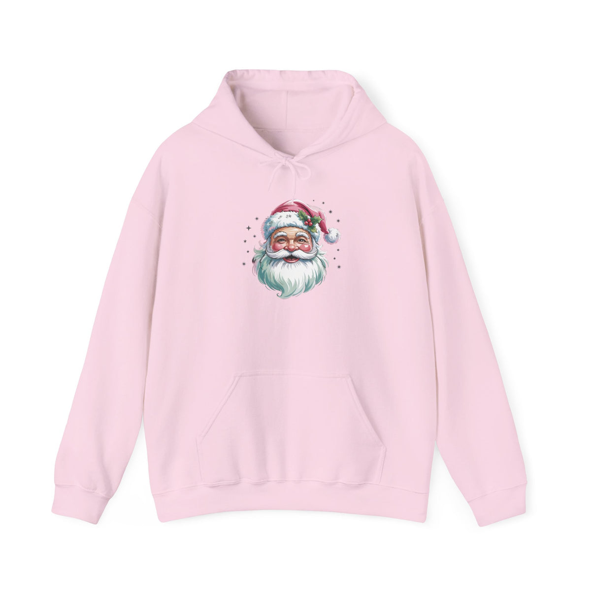 Light Pink Pink Retro Christmas Santa hoodie with a watercolor Santa face in a pink hat, front view