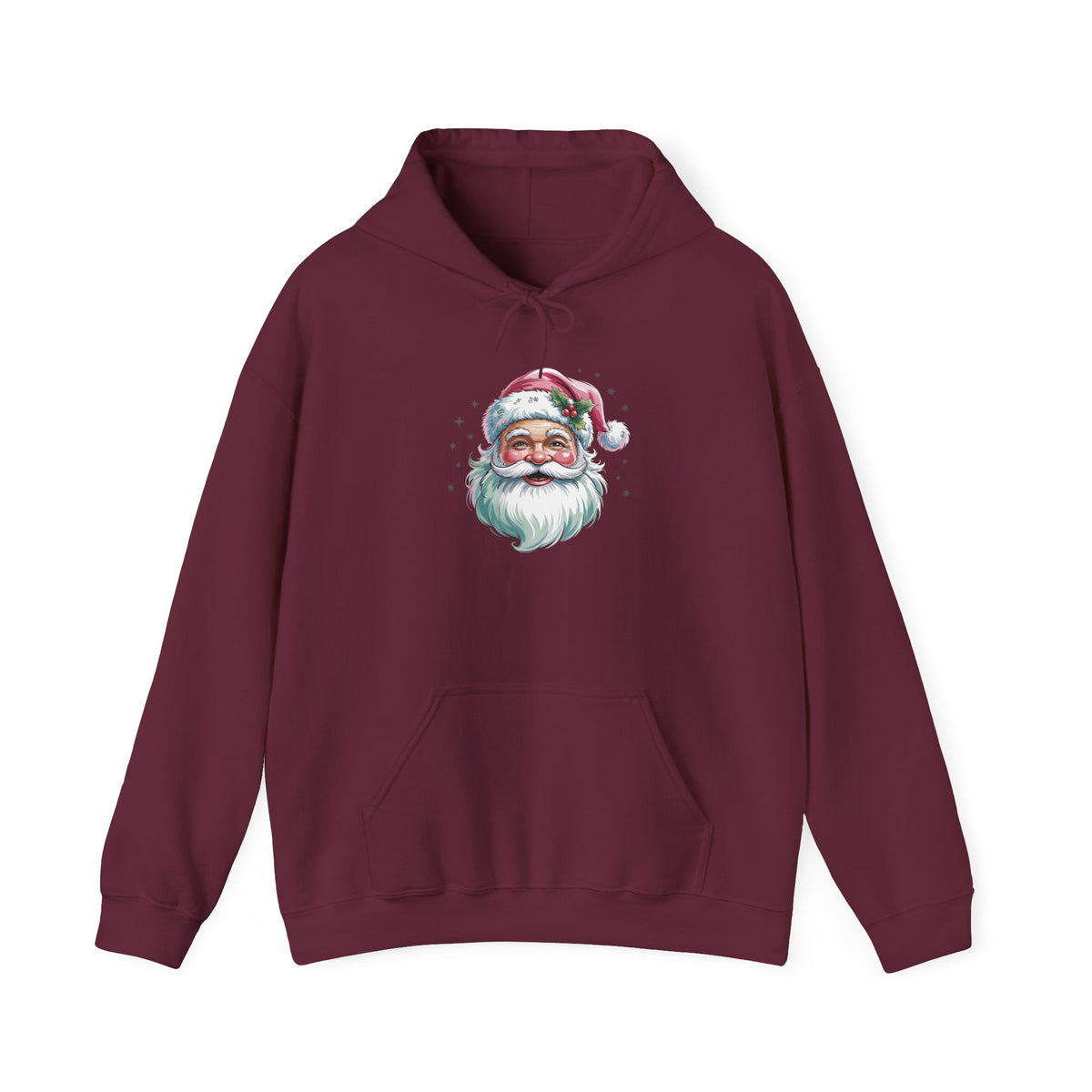 Maroon Pink Retro Christmas Santa hoodie with a watercolor Santa face in a pink hat, front view