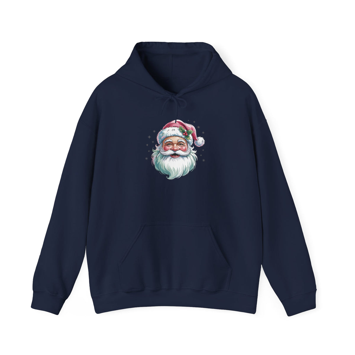 Navy Pink Retro Christmas Santa hoodie with a watercolor Santa face in a pink hat, front view