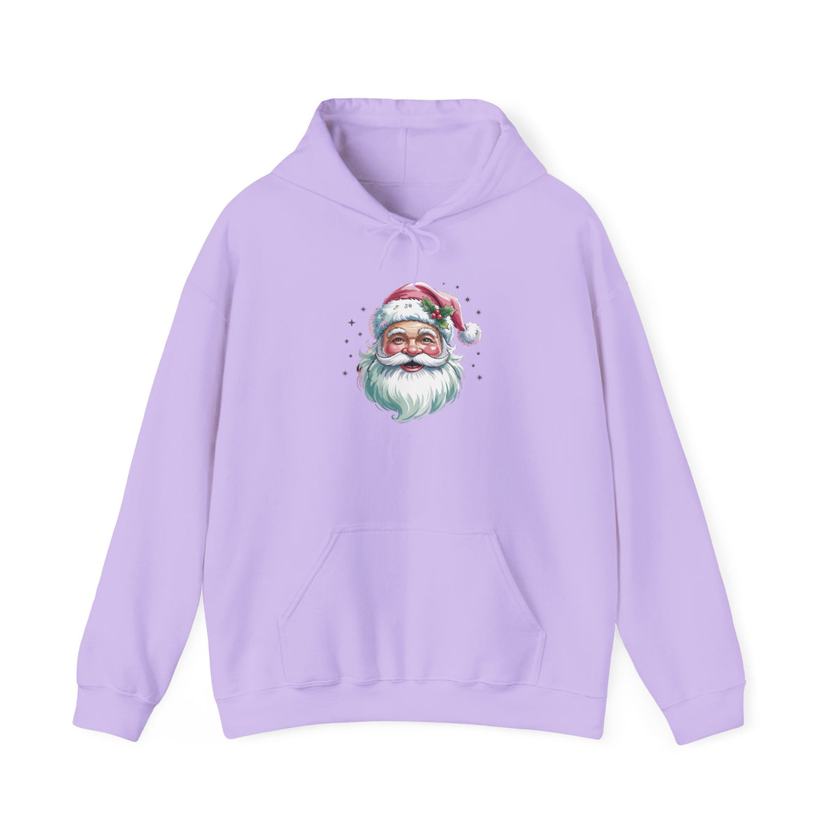 Orchid Pink Retro Christmas Santa hoodie with a watercolor Santa face in a pink hat, front view
