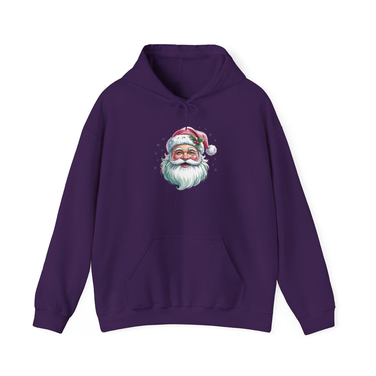 Purple Pink Retro Christmas Santa hoodie with a watercolor Santa face in a pink hat, front view