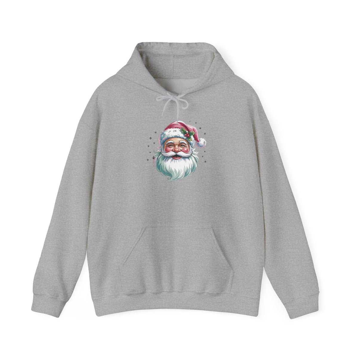 Sport Grey Pink Retro Christmas Santa hoodie with a watercolor Santa face in a pink hat, front view
