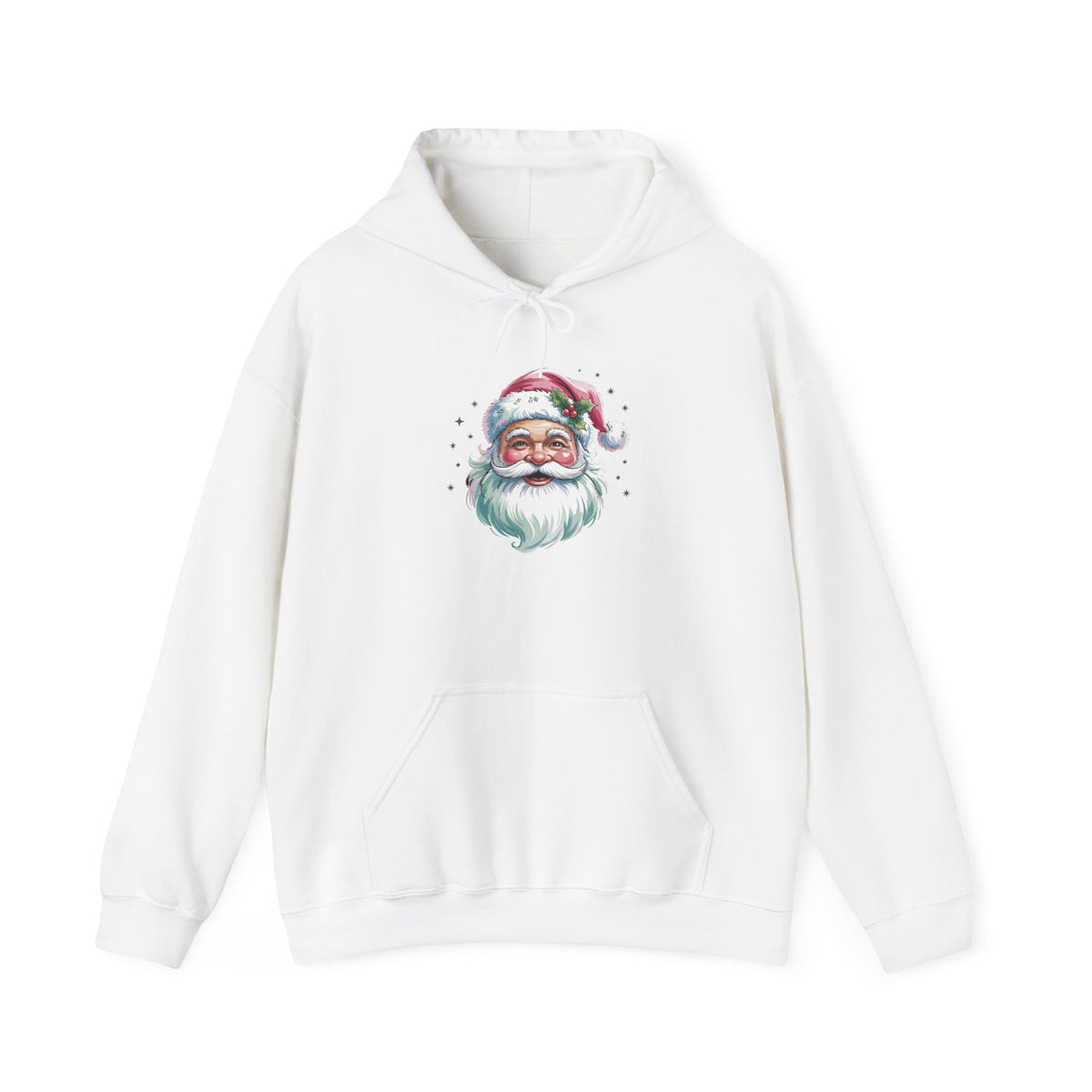 White Pink Retro Christmas Santa hoodie with a watercolor Santa face in a pink hat, front view