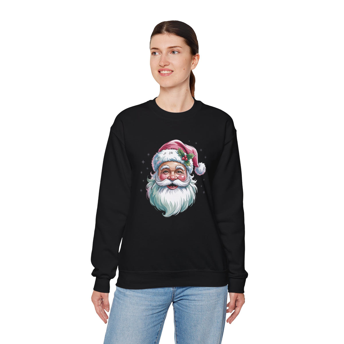 Model wearing the black Pink Retro Christmas Santa Sweatshirt