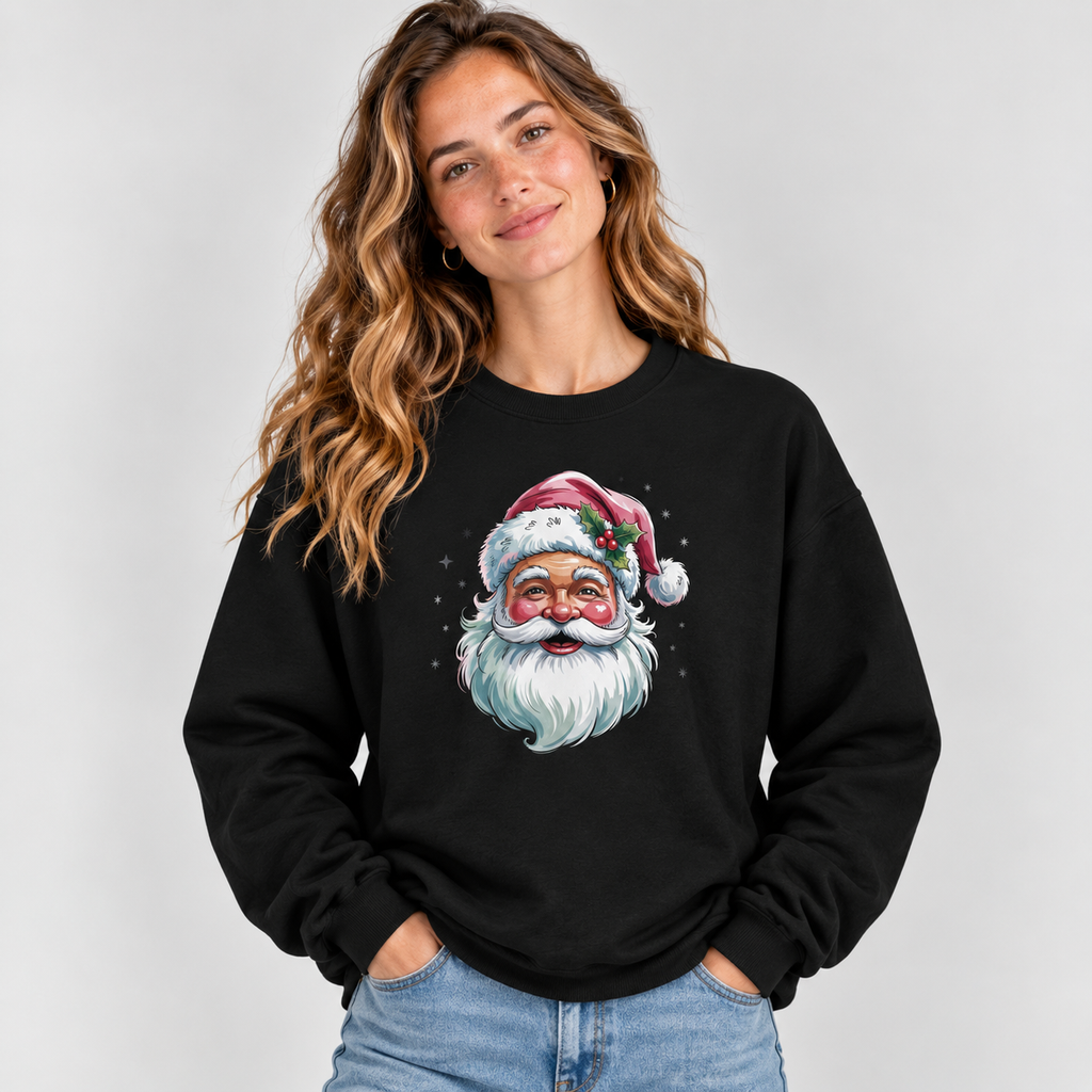 Woman wearing the black Pink Retro Christmas Santa Sweatshirt with jeans