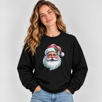 Woman wearing the black Pink Retro Christmas Santa Sweatshirt with jeans