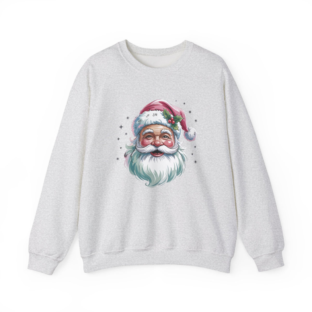 Ash Pink Retro Christmas Santa sweatshirt with a watercolor Santa face in a pink hat, front view