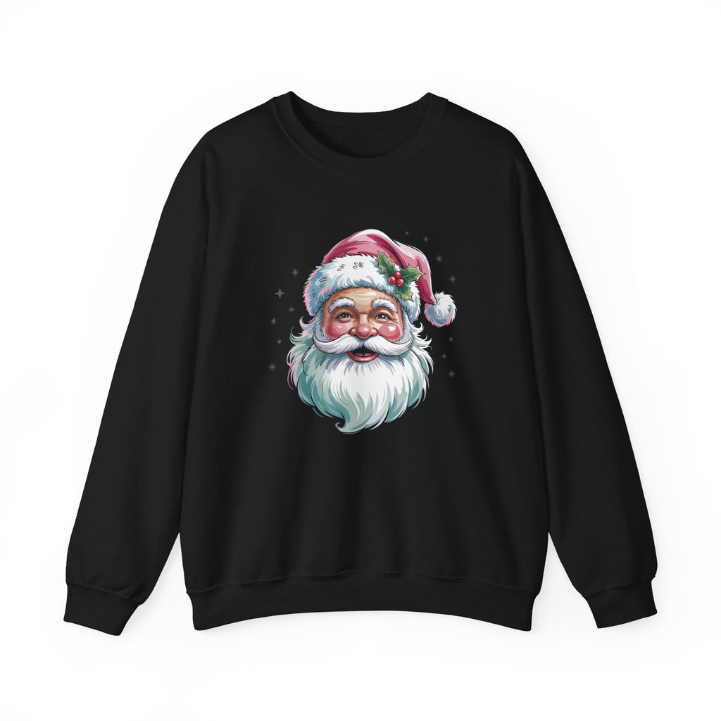 Black Pink Retro Christmas Santa sweatshirt with a watercolor Santa face in a pink hat, front view