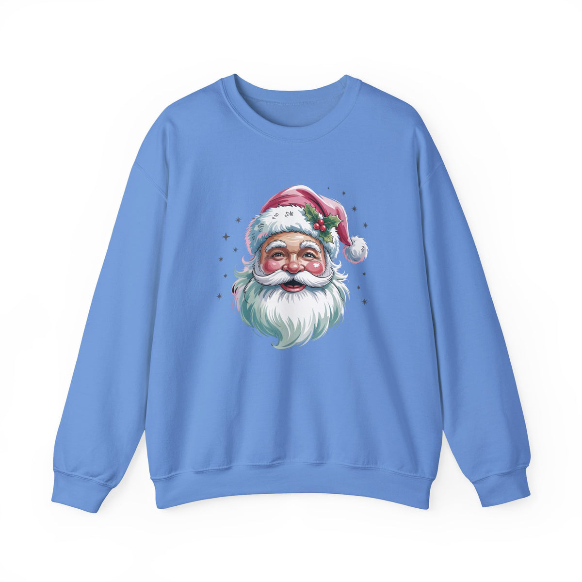 Carolina Blue Pink Retro Christmas Santa sweatshirt with a watercolor Santa face in a pink hat, front view