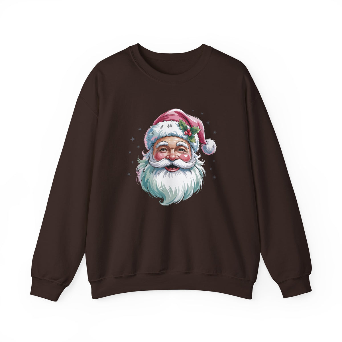Dark Chocolate Pink Retro Christmas Santa sweatshirt with a watercolor Santa face in a pink hat, front view