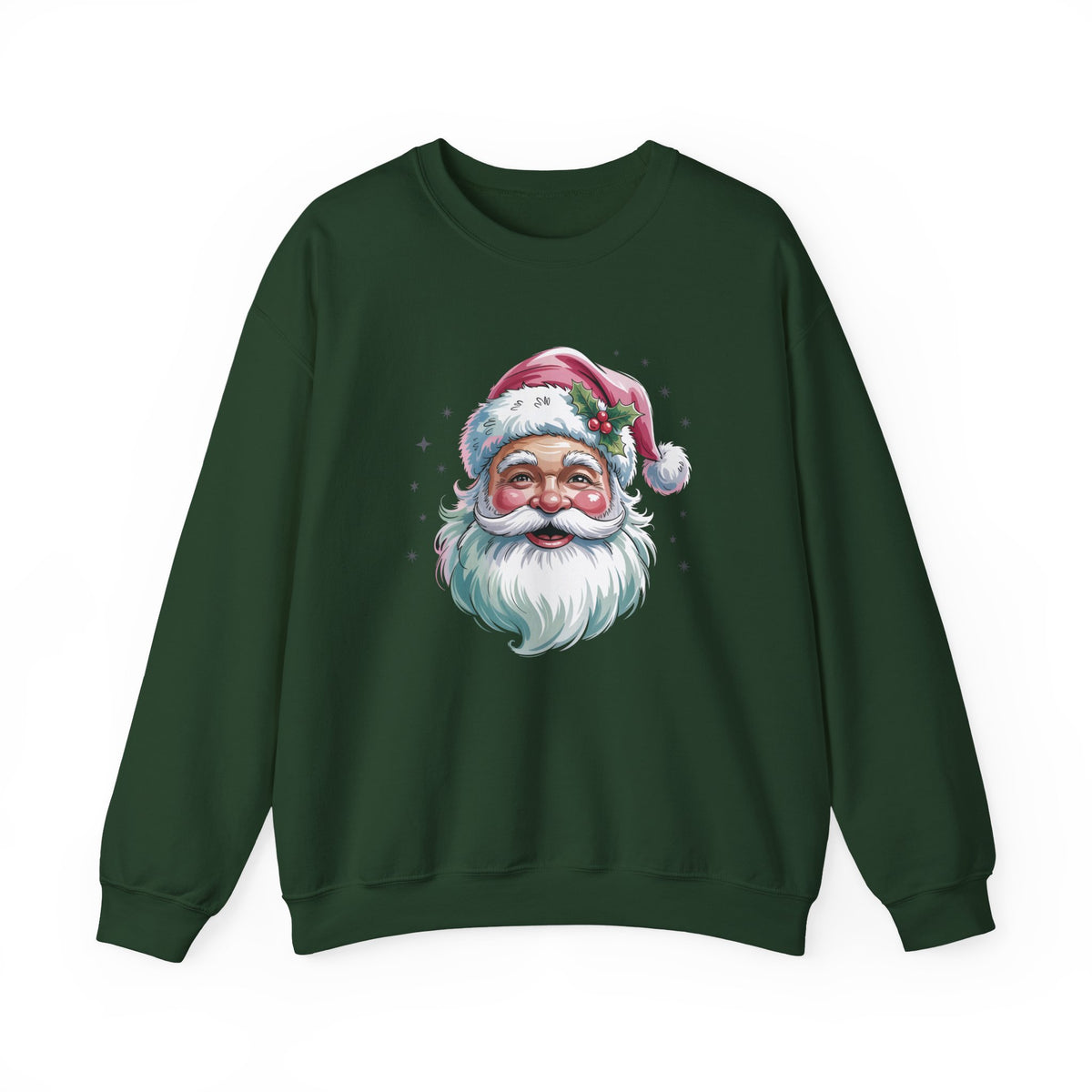 Forest Green Pink Retro Christmas Santa sweatshirt with a watercolor Santa face in a pink hat, front view