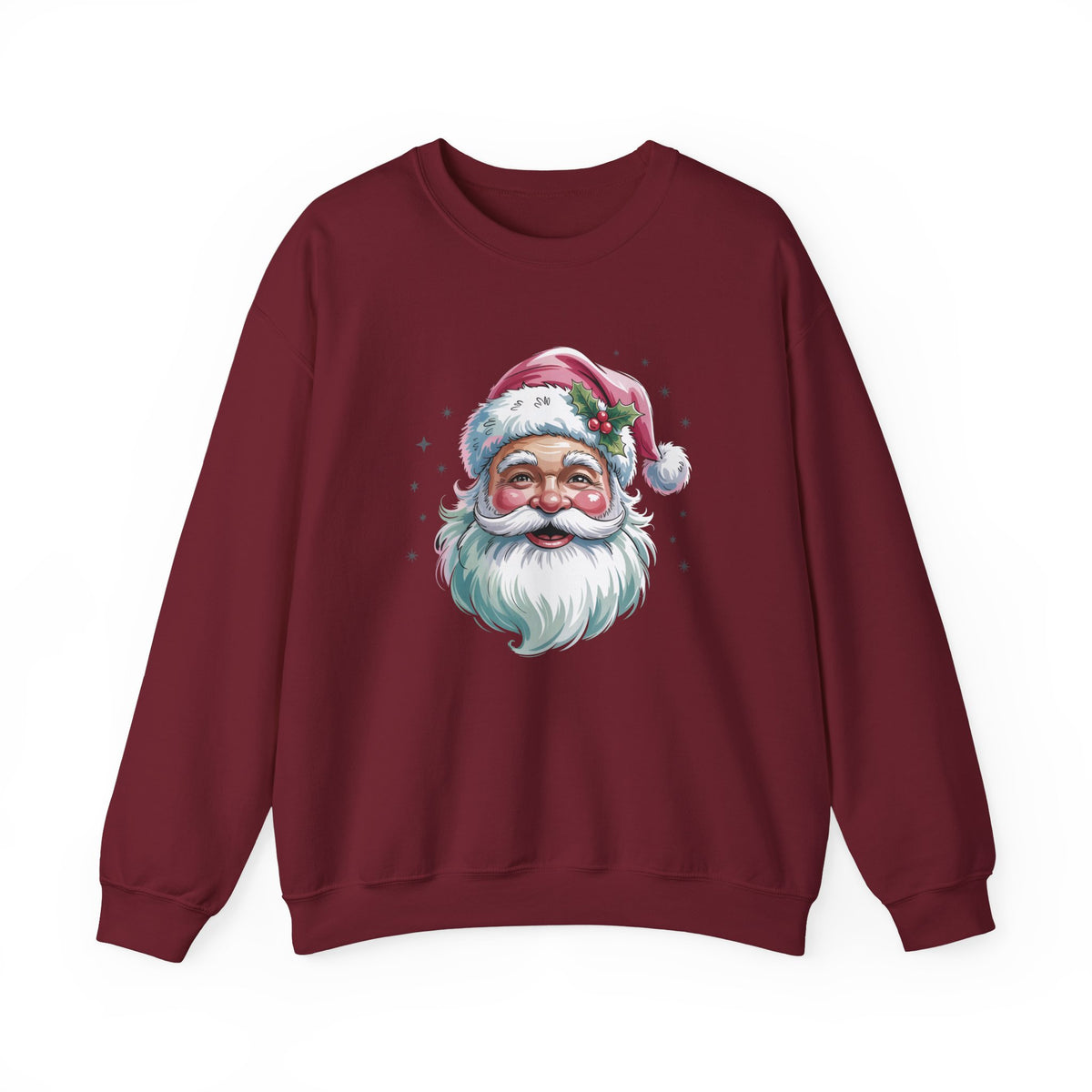 Garnet Pink Retro Christmas Santa sweatshirt with a watercolor Santa face in a pink hat, front view