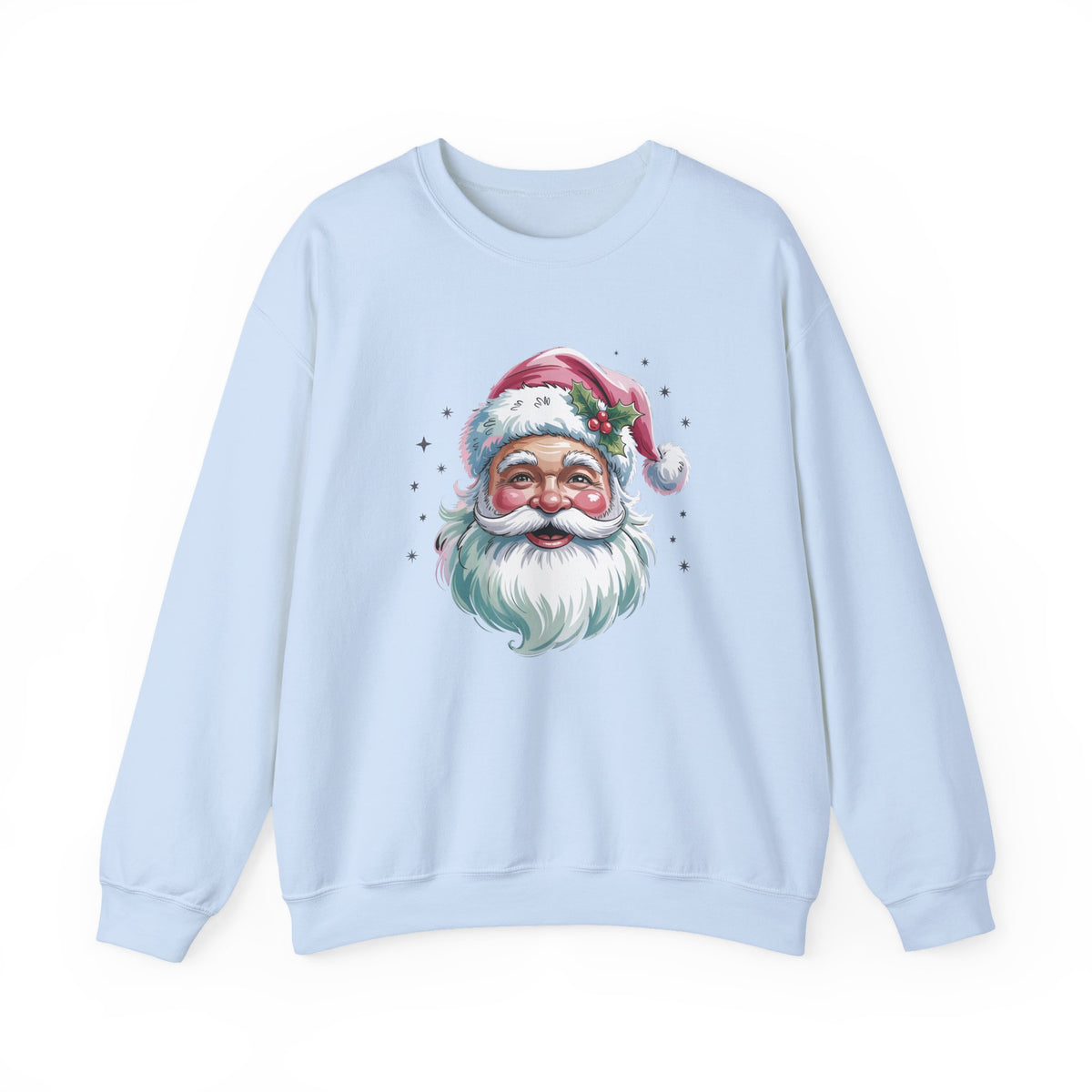 Light Blue Pink Retro Christmas Santa sweatshirt with a watercolor Santa face in a pink hat, front view