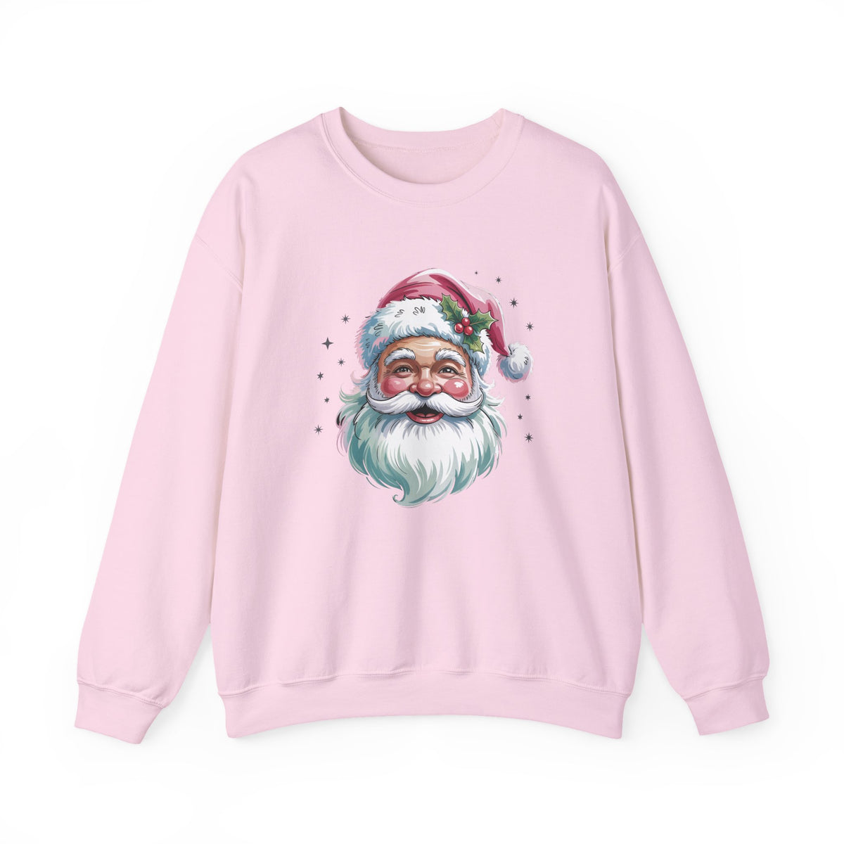 Light Pink Pink Retro Christmas Santa sweatshirt with a watercolor Santa face in a pink hat, front view