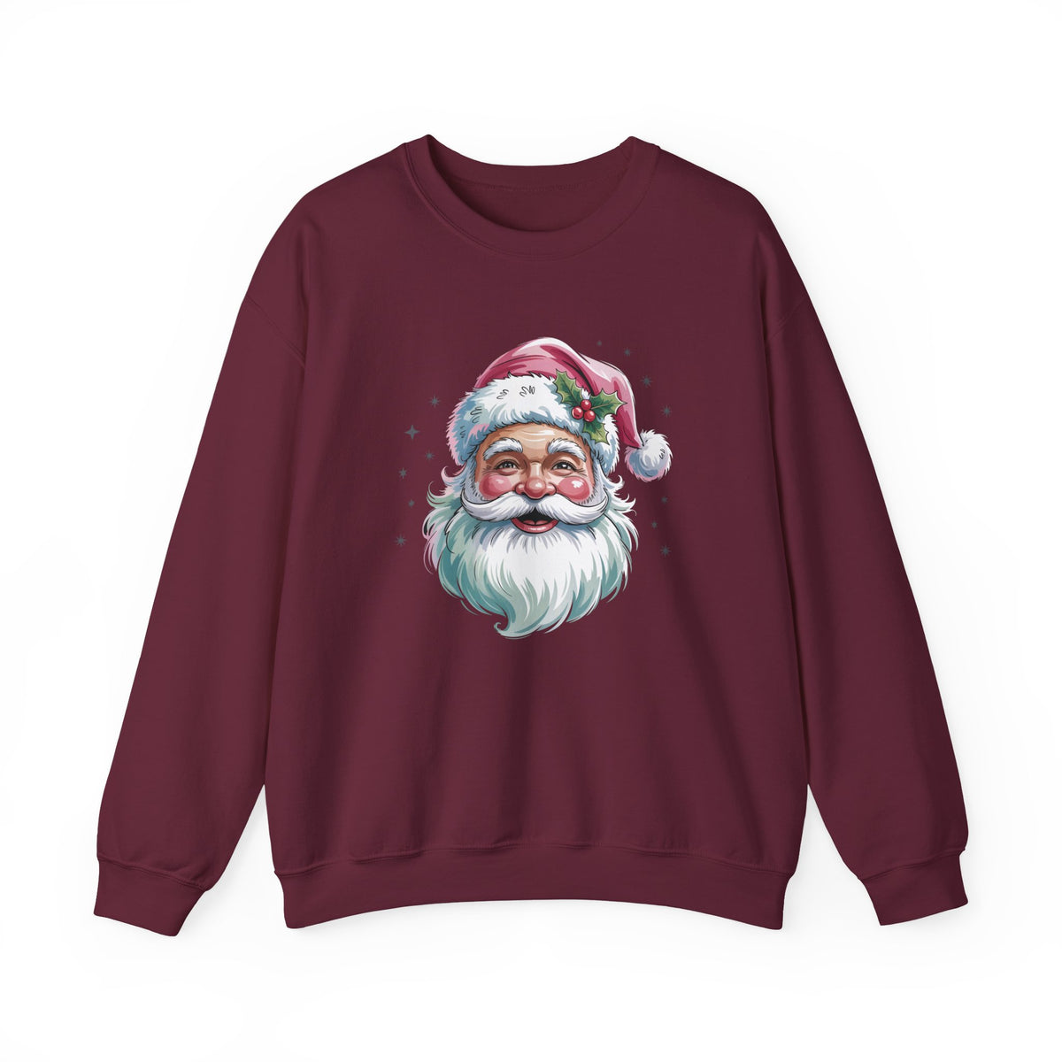 Maroon Pink Retro Christmas Santa sweatshirt with a watercolor Santa face in a pink hat, front view
