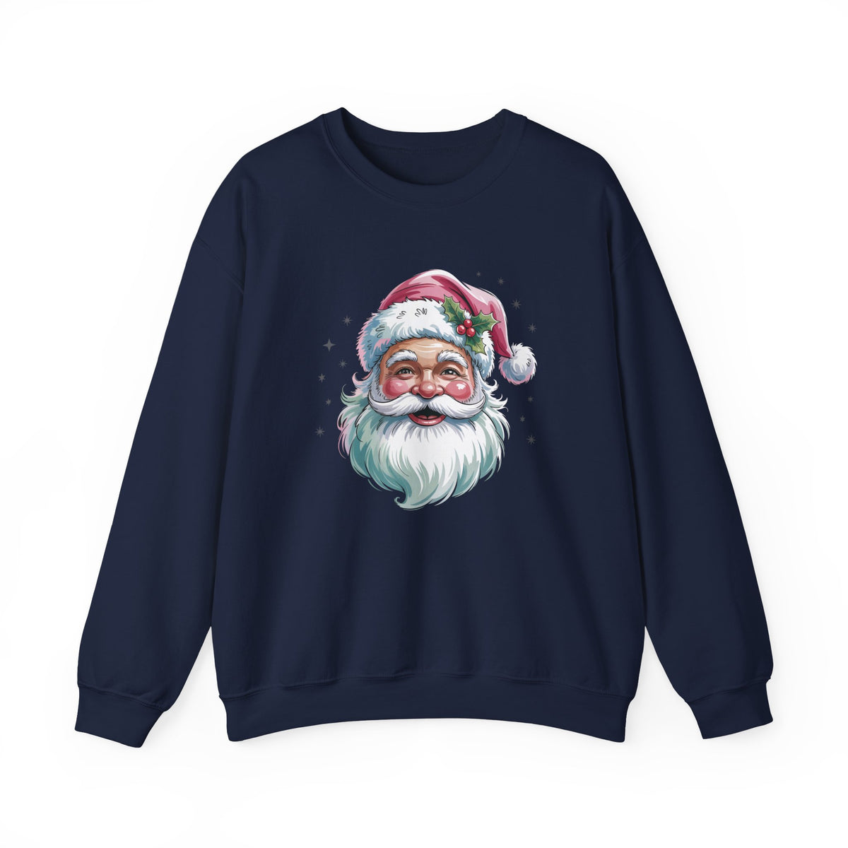 Navy Pink Retro Christmas Santa sweatshirt with a watercolor Santa face in a pink hat, front view