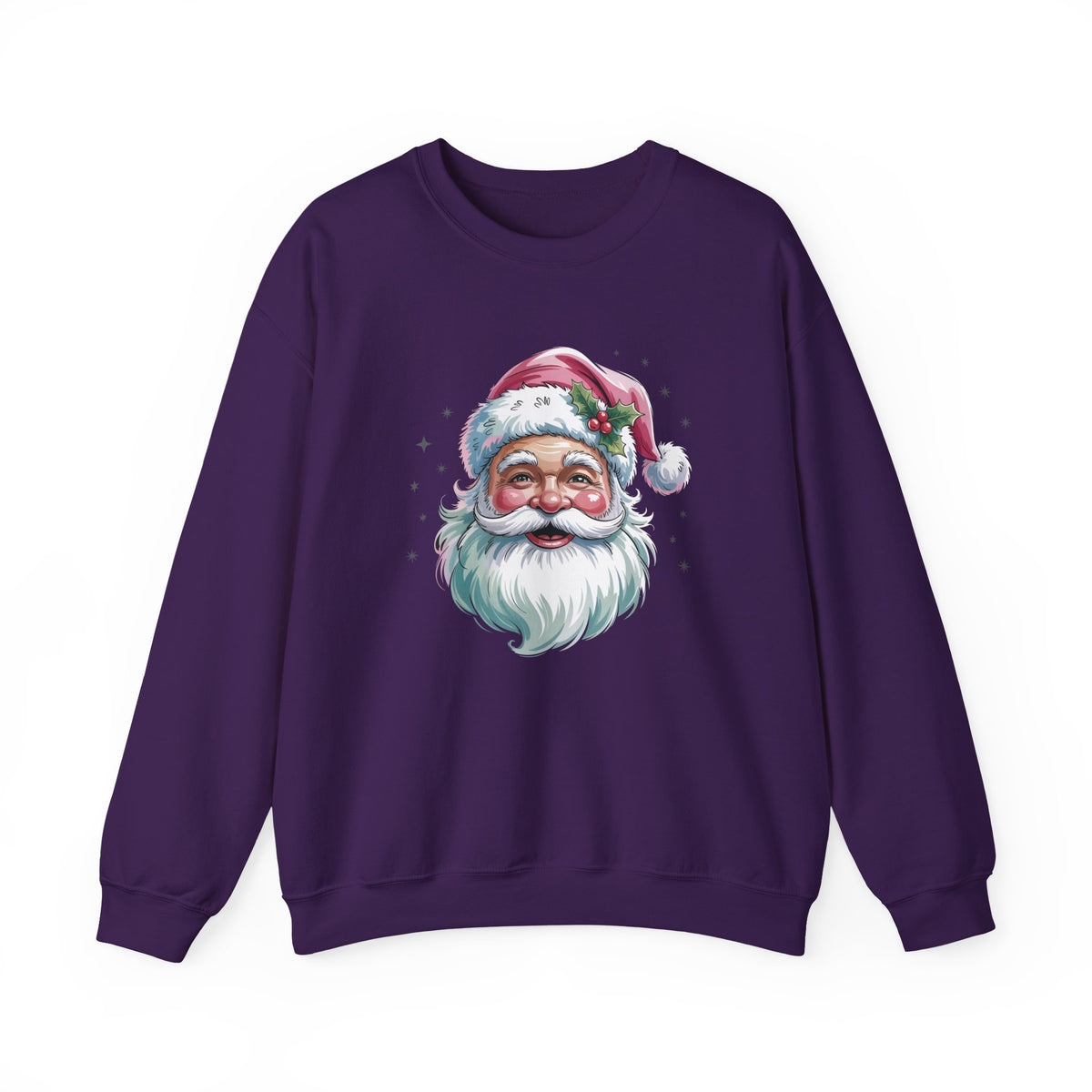 Purple Pink Retro Christmas Santa sweatshirt with a watercolor Santa face in a pink hat, front view