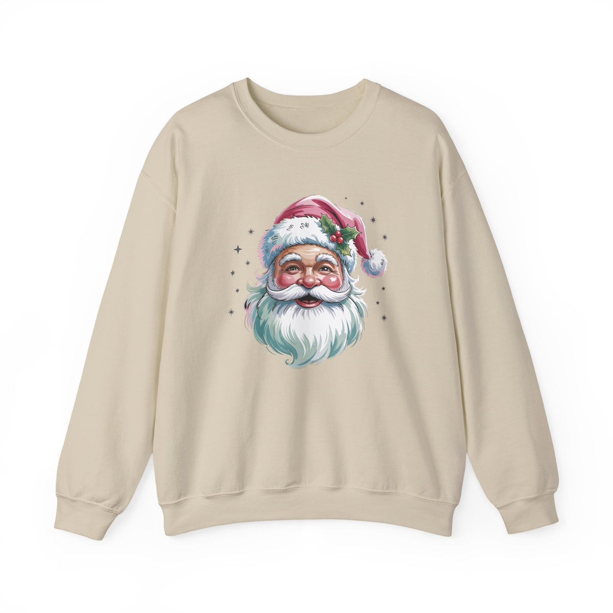 Sand Pink Retro Christmas Santa sweatshirt with a watercolor Santa face in a pink hat, front view