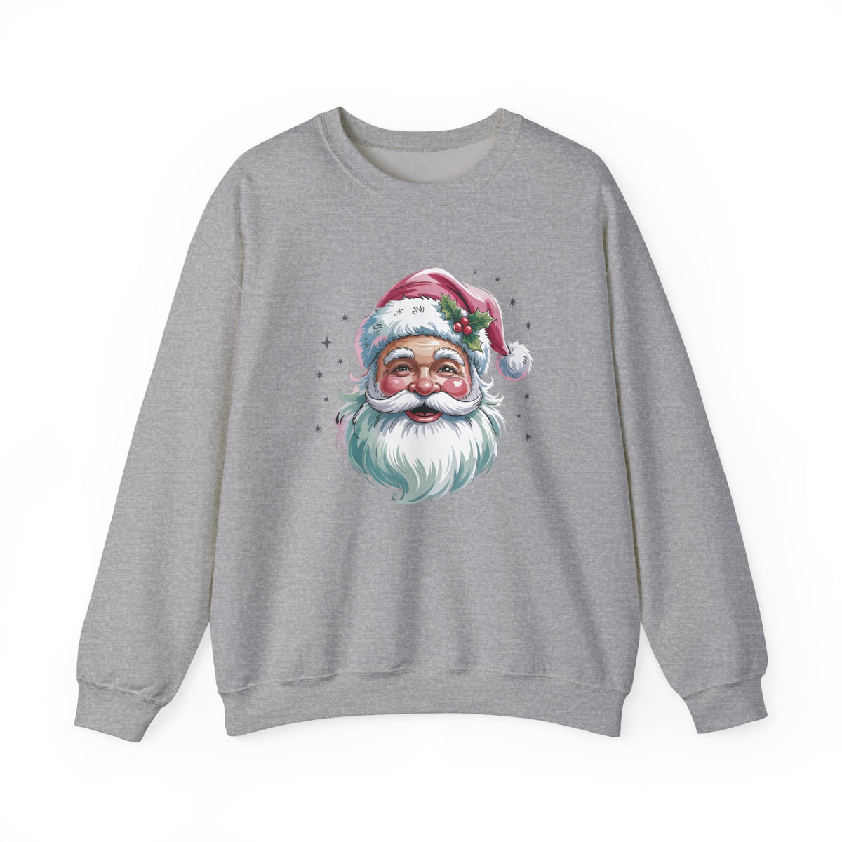 Sport Grey Pink Retro Christmas Santa sweatshirt with a watercolor Santa face in a pink hat, front view
