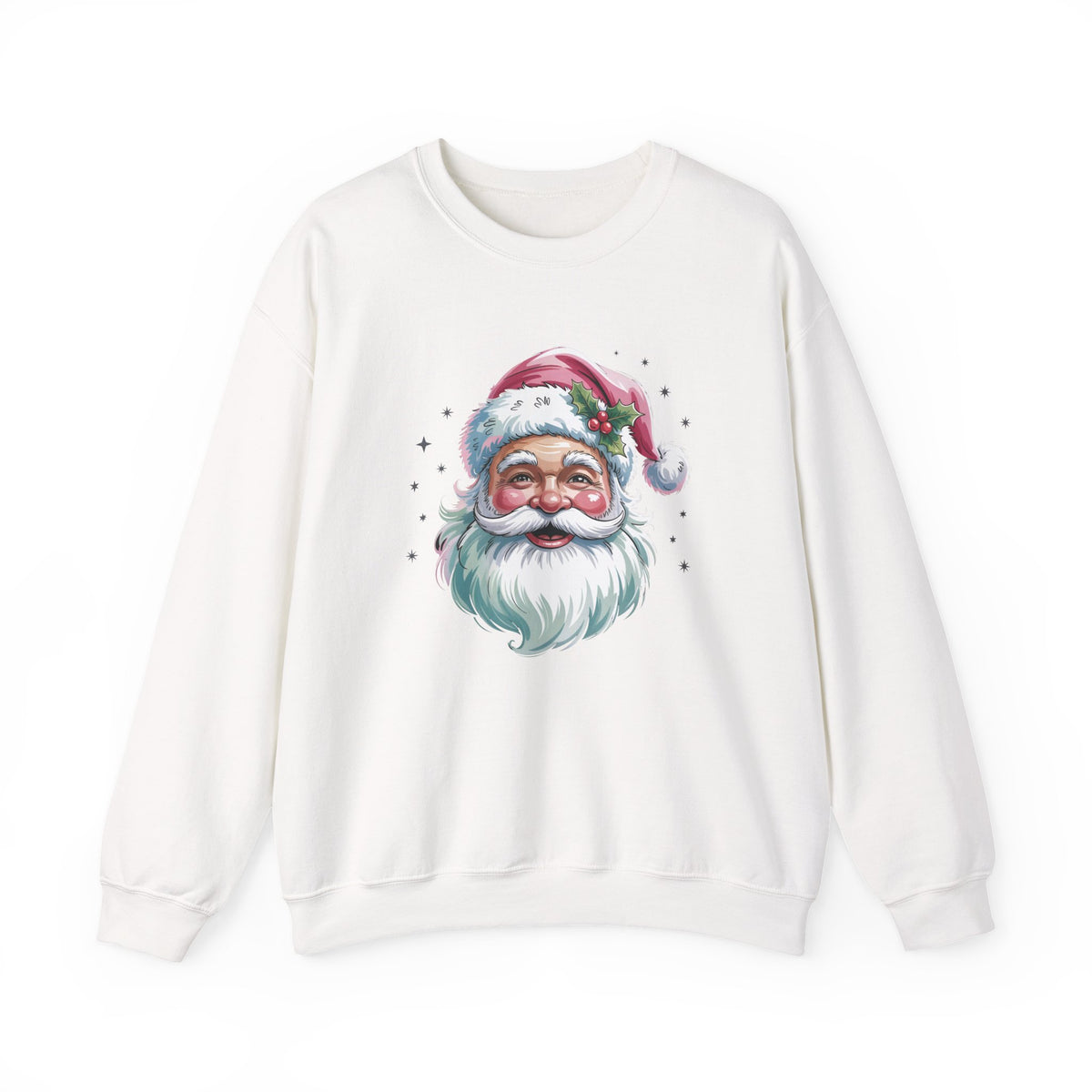 White Pink Retro Christmas Santa sweatshirt with a watercolor Santa face in a pink hat, front view