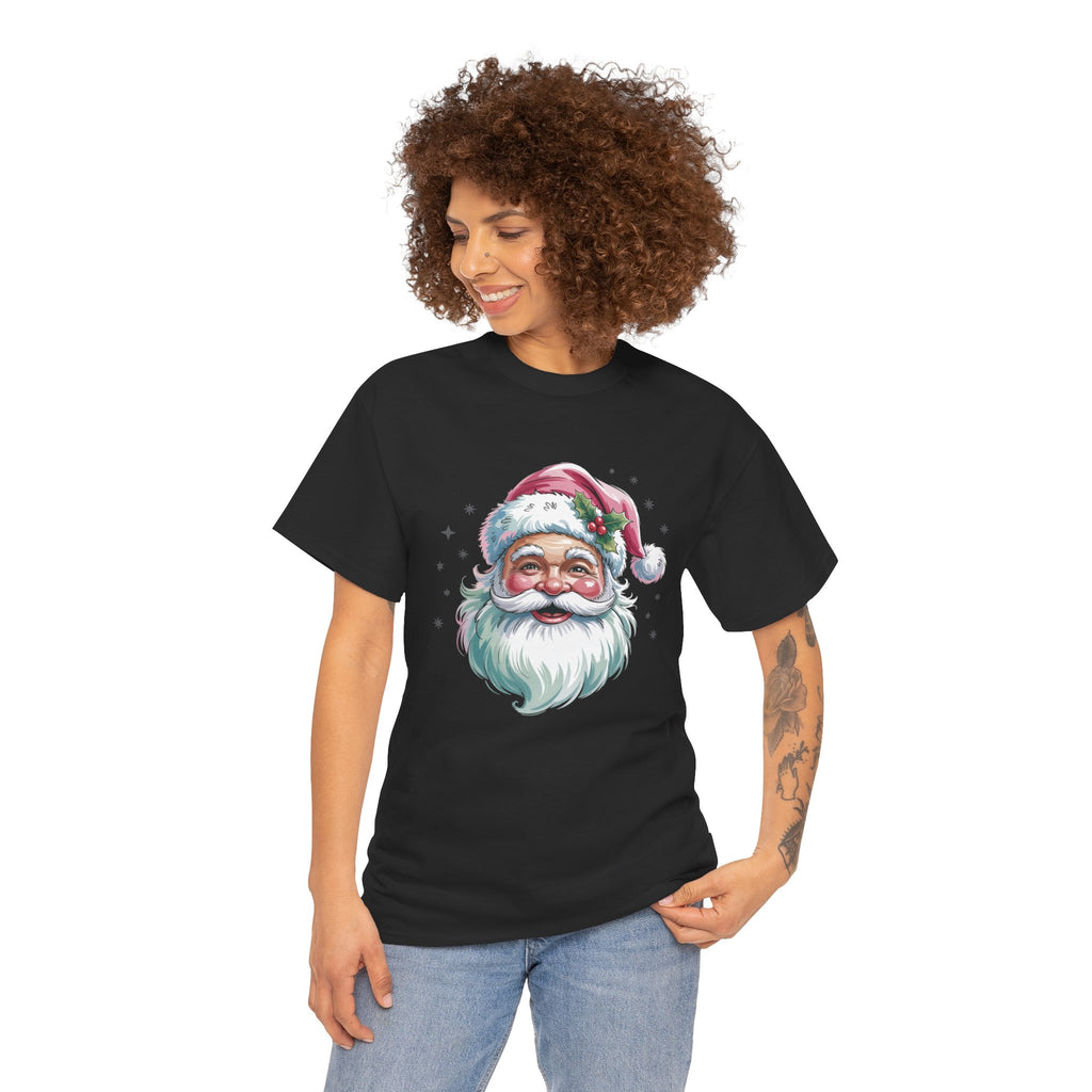 Model wearing the black Pink Retro Christmas Santa T-Shirt