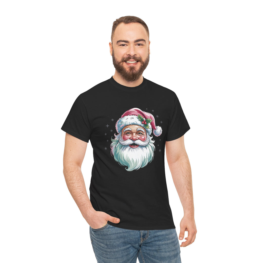 Model wearing the black Pink Retro Christmas Santa T-Shirt