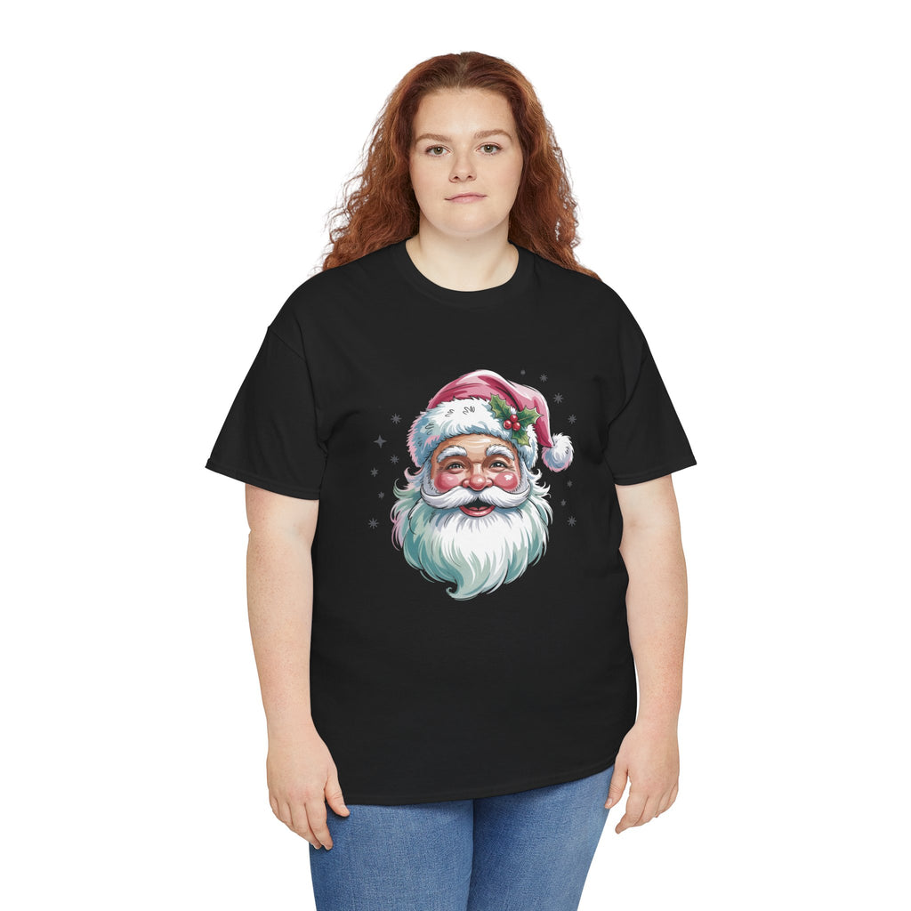 Model wearing the black Pink Retro Christmas Santa T-Shirt